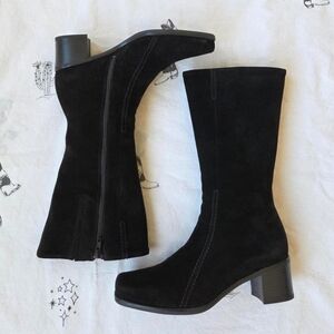 Designer LA CANADIENNE Suede Boots + square toe + block heel